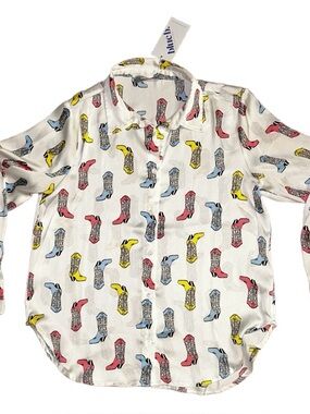 Blue B Collection ~ Medium ~ White W/Multi-Colors Cowboy Boots Print Shirt ~ New
